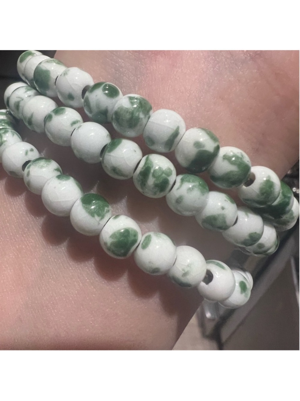 Ceramic Bead Wrap Bracelet White Green Porcelain Handmade Artisan Jewelry